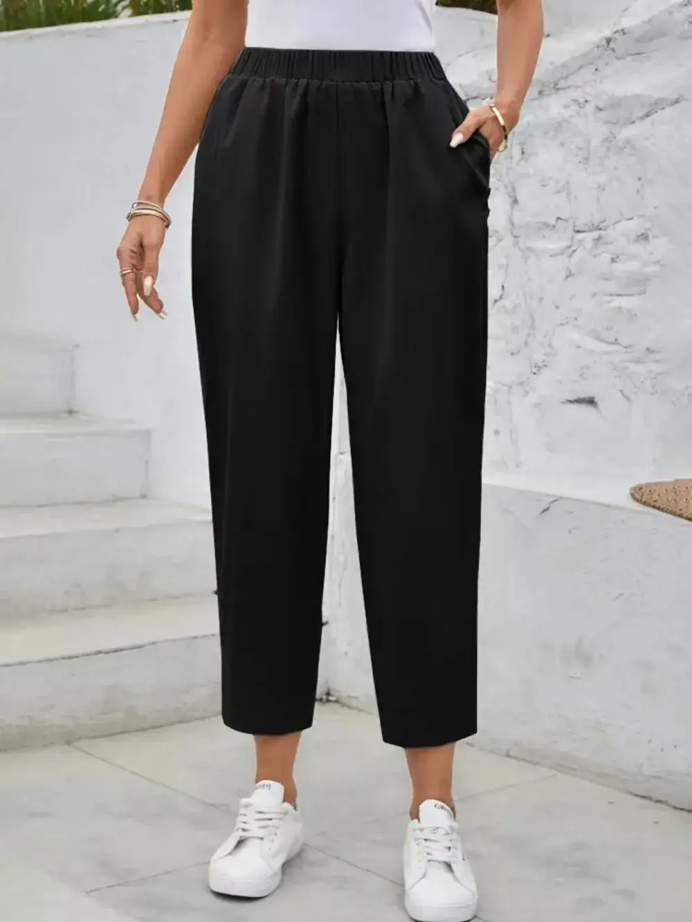 High Waist Elastic Waist Pocketed Casual Pants