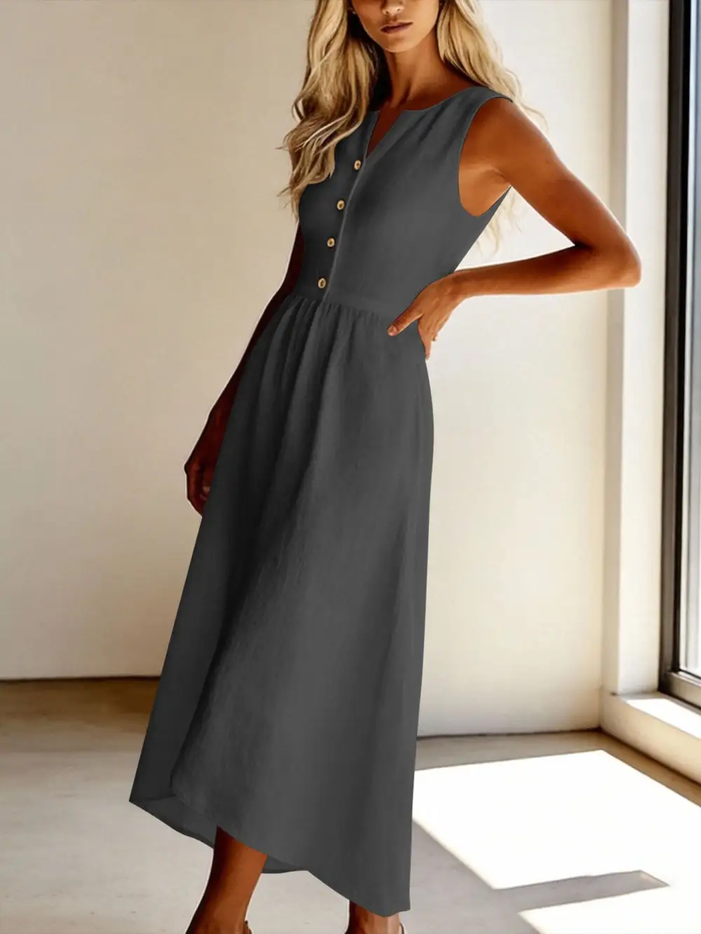 Sleeveless Button Front Flowy Midi Dress