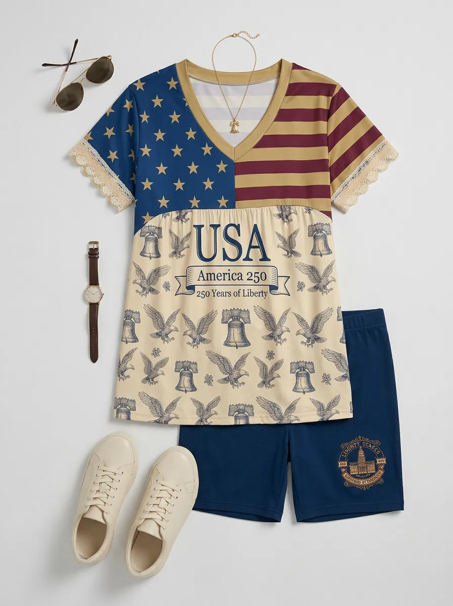 Women's USA 250th Anniversary Eagle Liberty Bell Printed Outfit Set