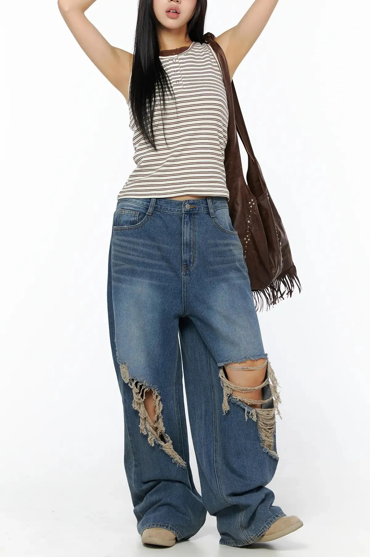 Contemporary Distressed Wide Leg Jeans