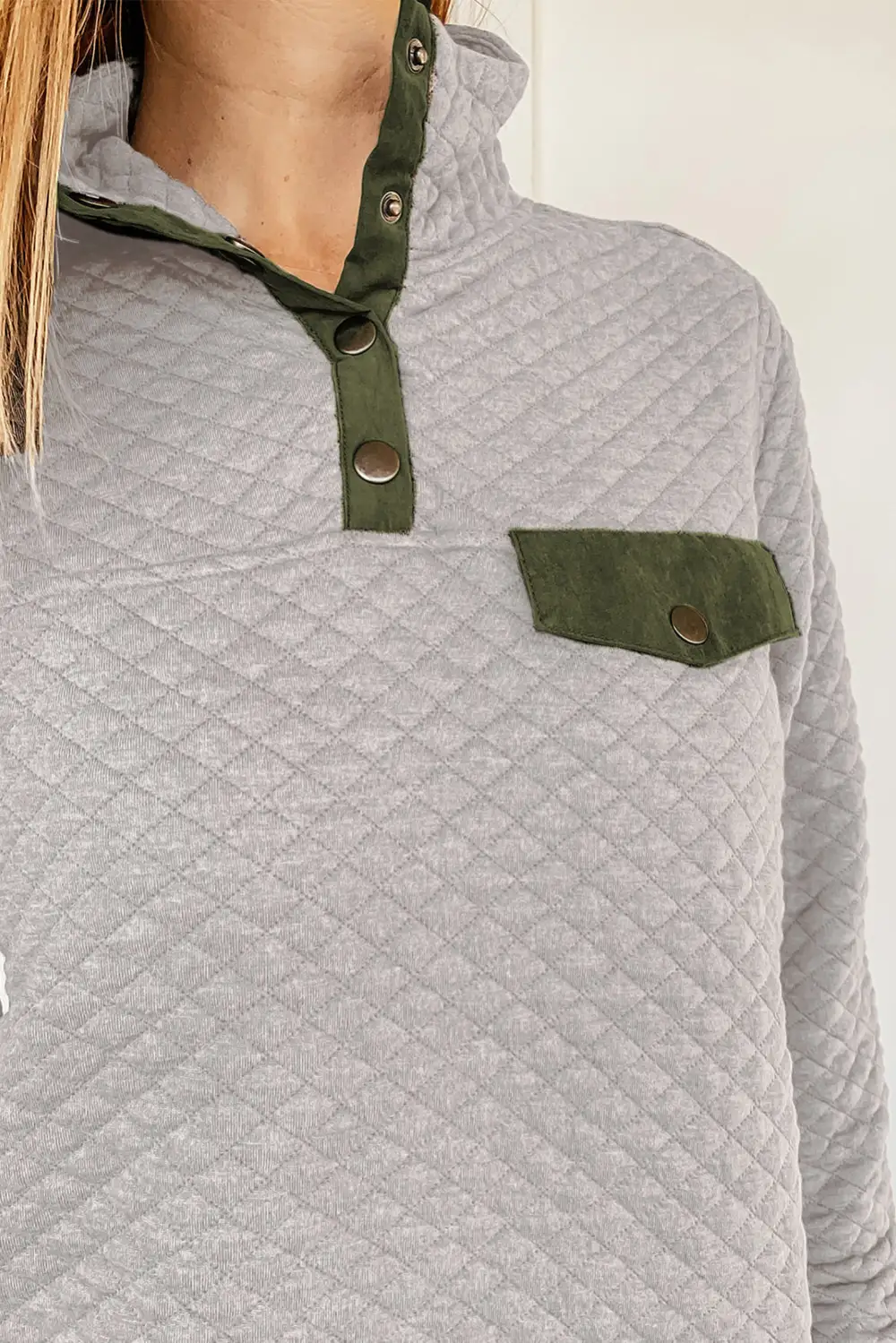 Quilted Snaps Stand Neck Fake Front Pocket Sweatshirt