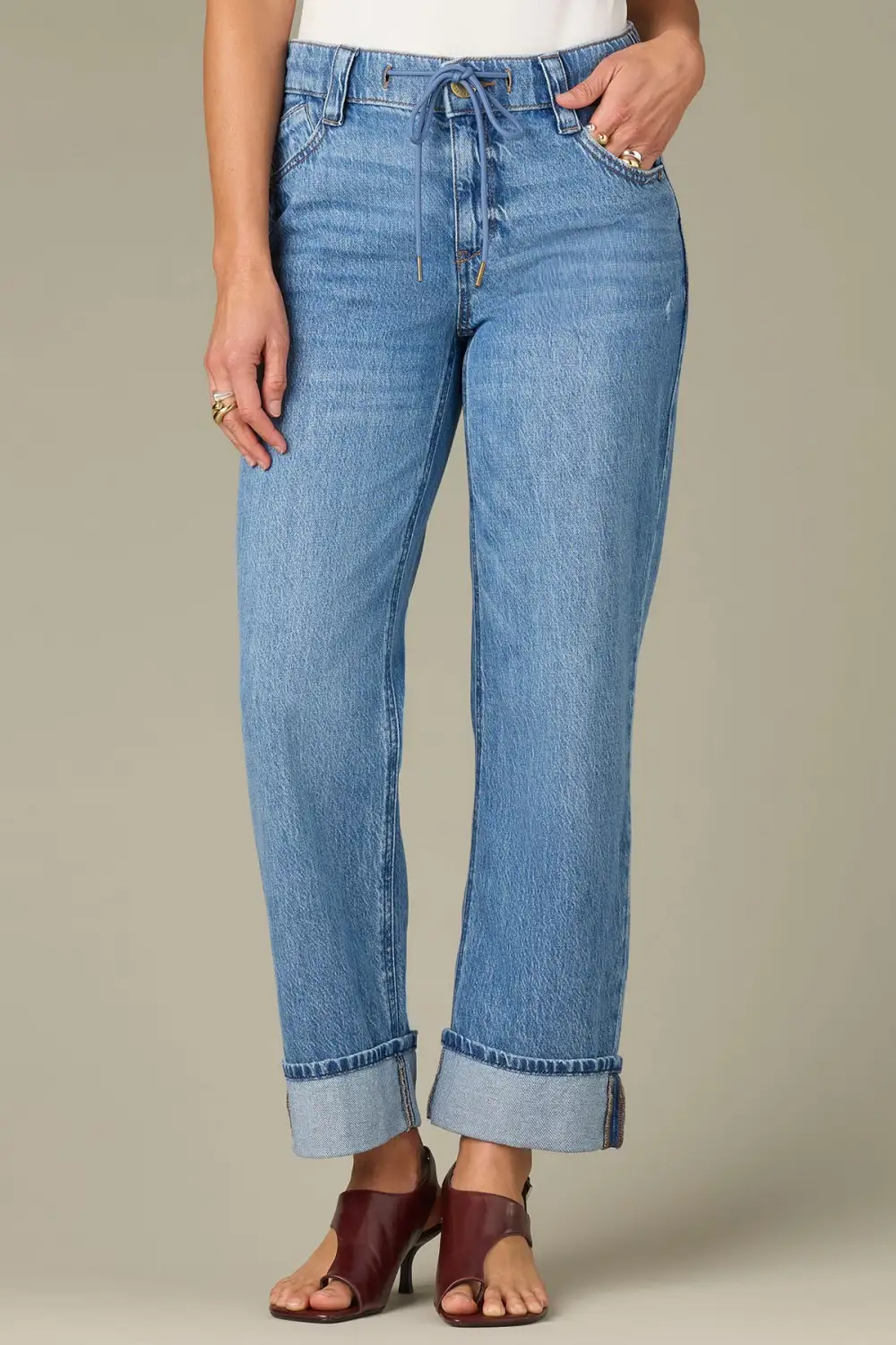 High Rise Drawstring Waist Cuffed Boyfriend Jeans