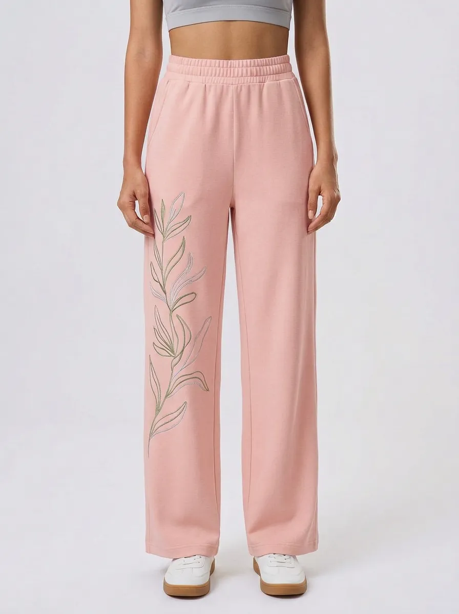 Women's Beige Botanical Embroidered Wide-Leg Sweatpants