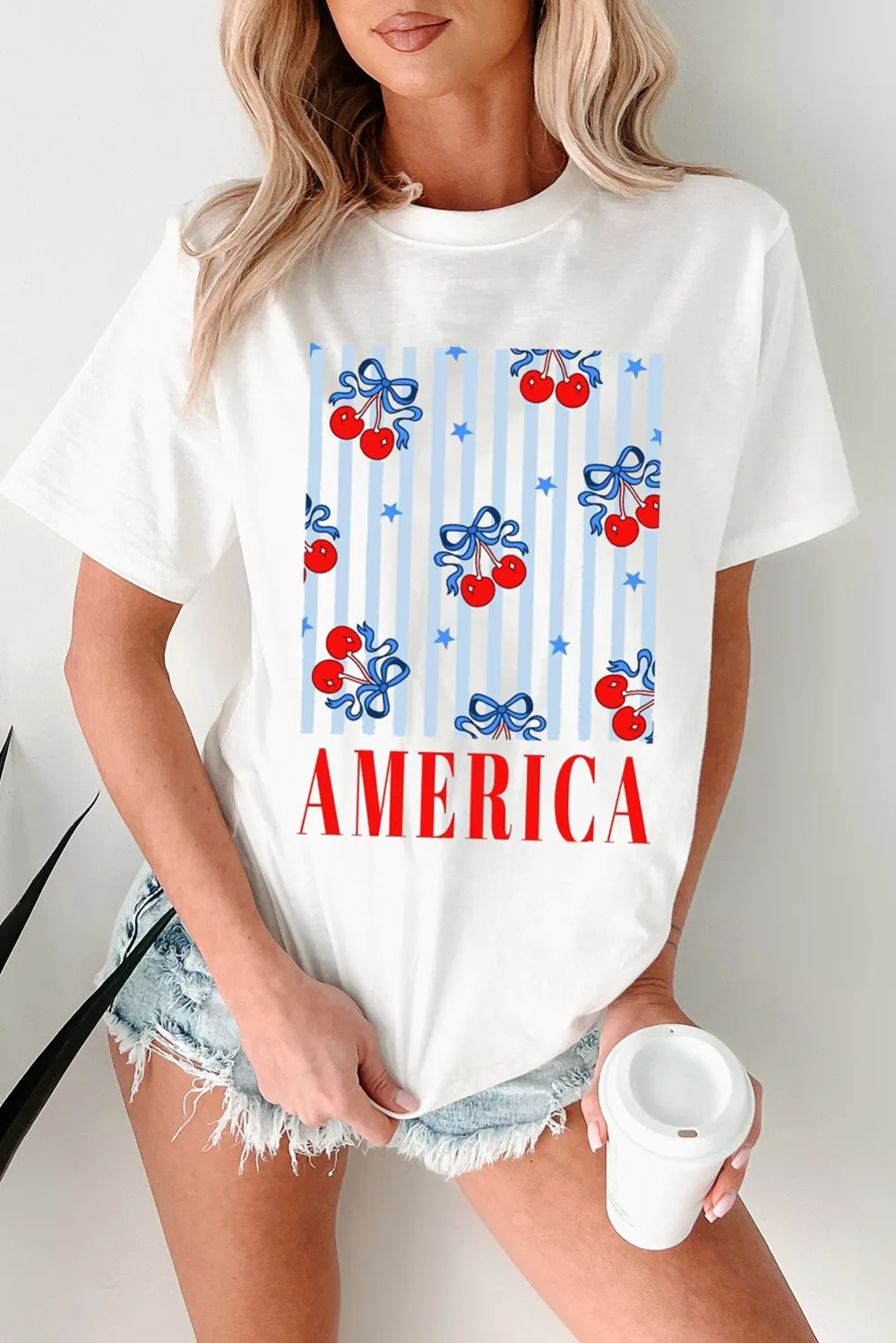 White Bow Cherry Graphic Crewneck Tee