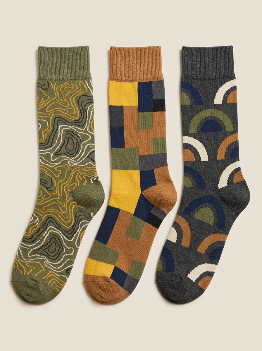 Men's Topographic Lines Color Mix Ribbed Crew Sock Set