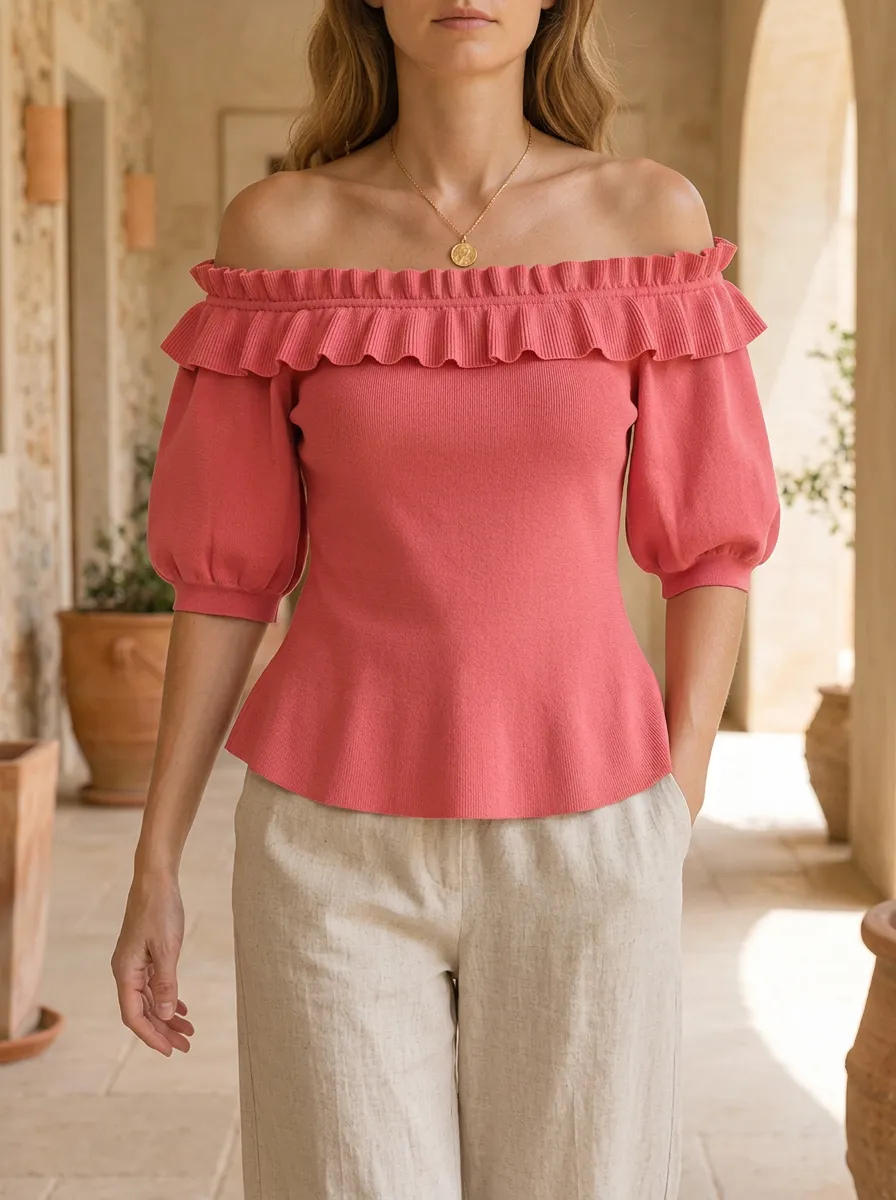 Women's Pink Ruffle Trim Off-Shoulder Knit Peplum Top