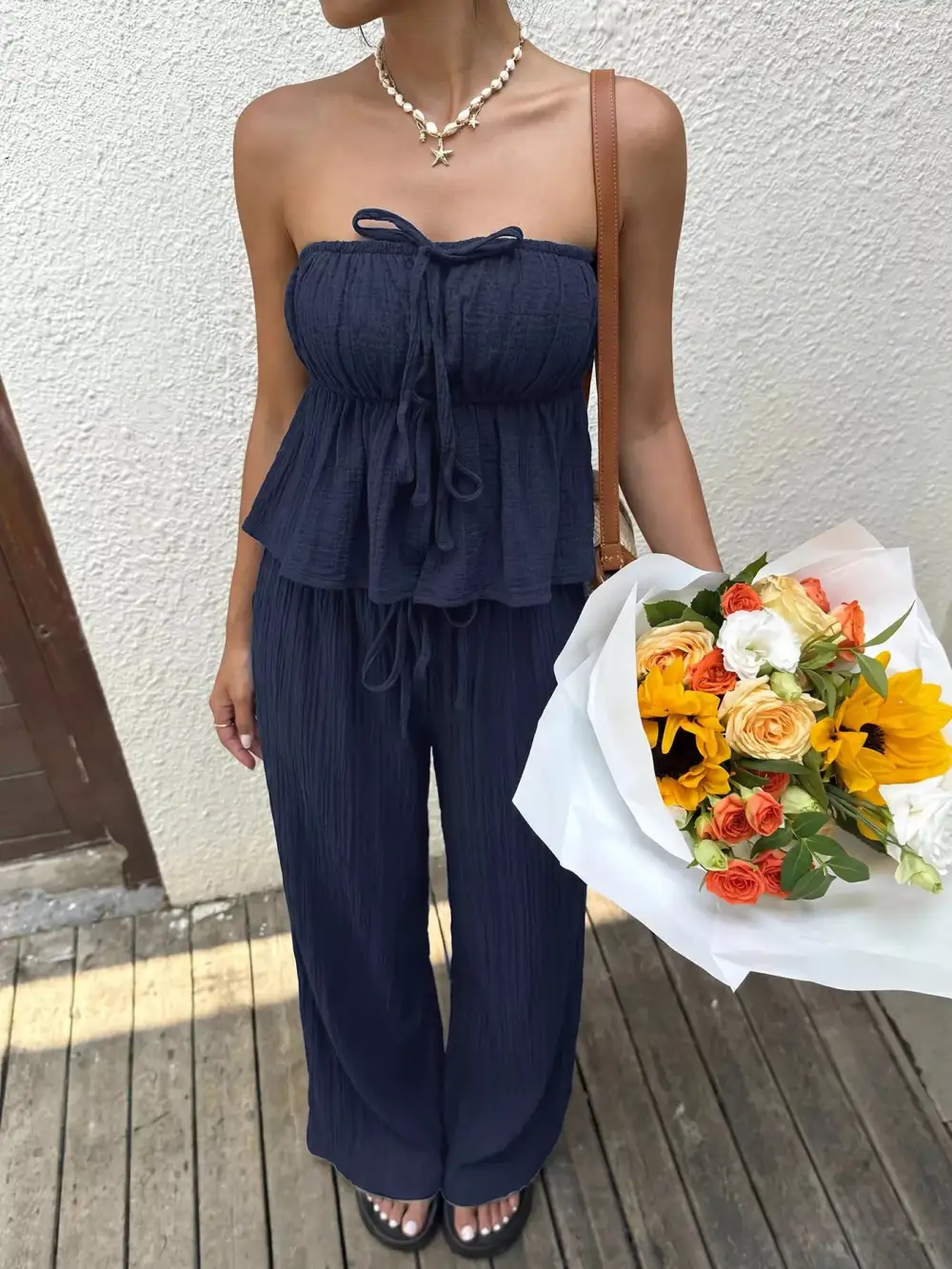 Textured Tube Top and Wide Leg Pants Set