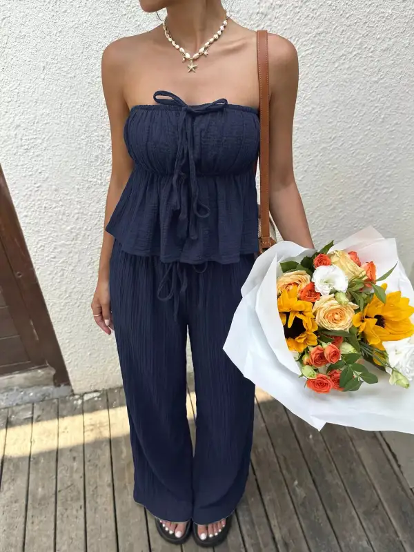 Textured Tube Top and Wide Leg Pants Set