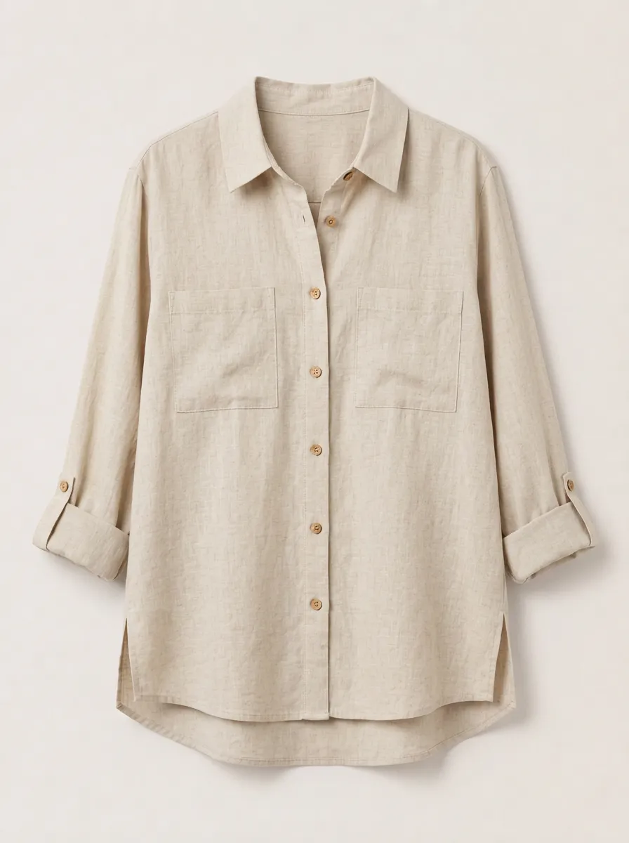 Women's Beige Button-Down Utility Shirt with Drop Shoulder