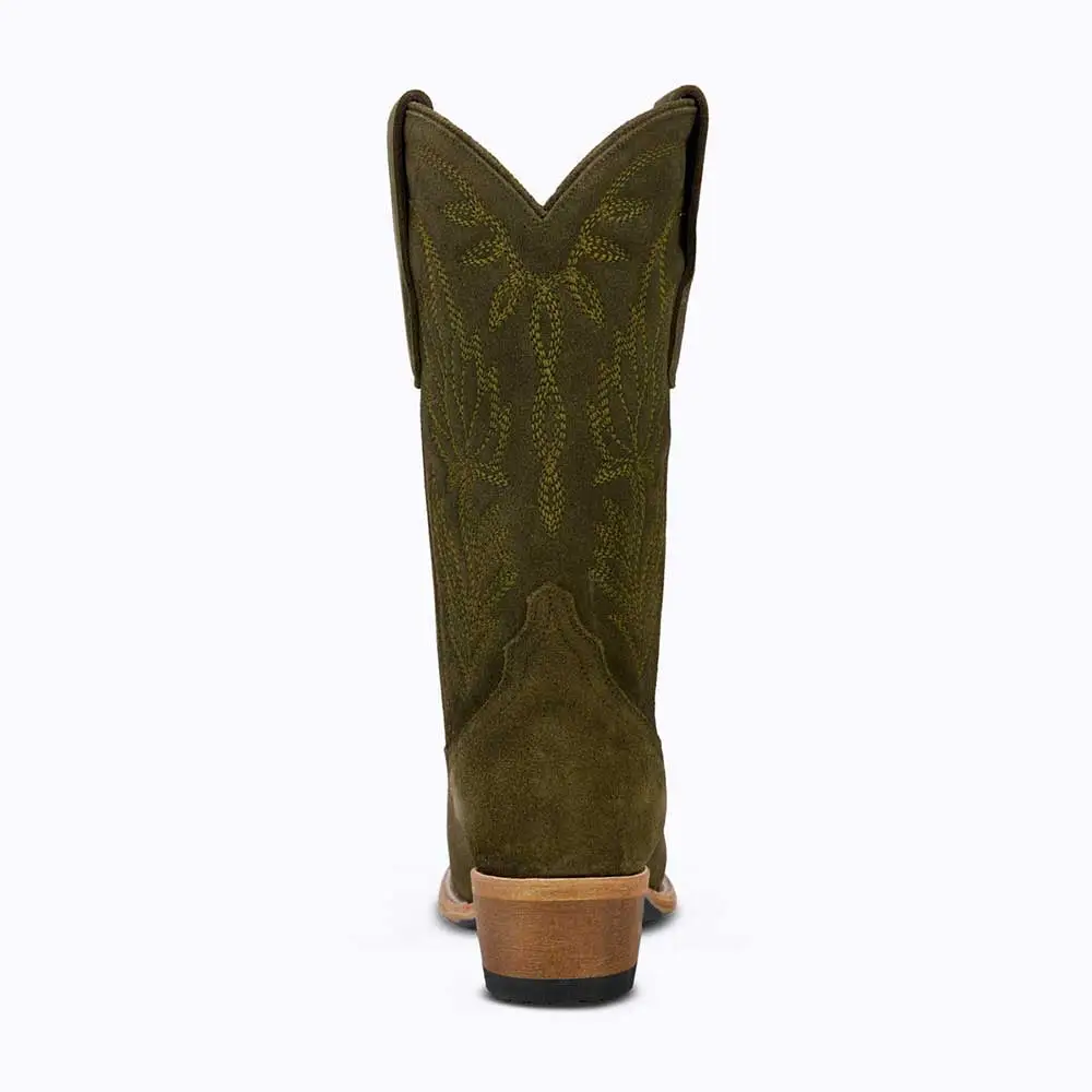 Modern Faux-Suede Embroidered Snip-Toe Chunky-Heel Mid-Calf Boots