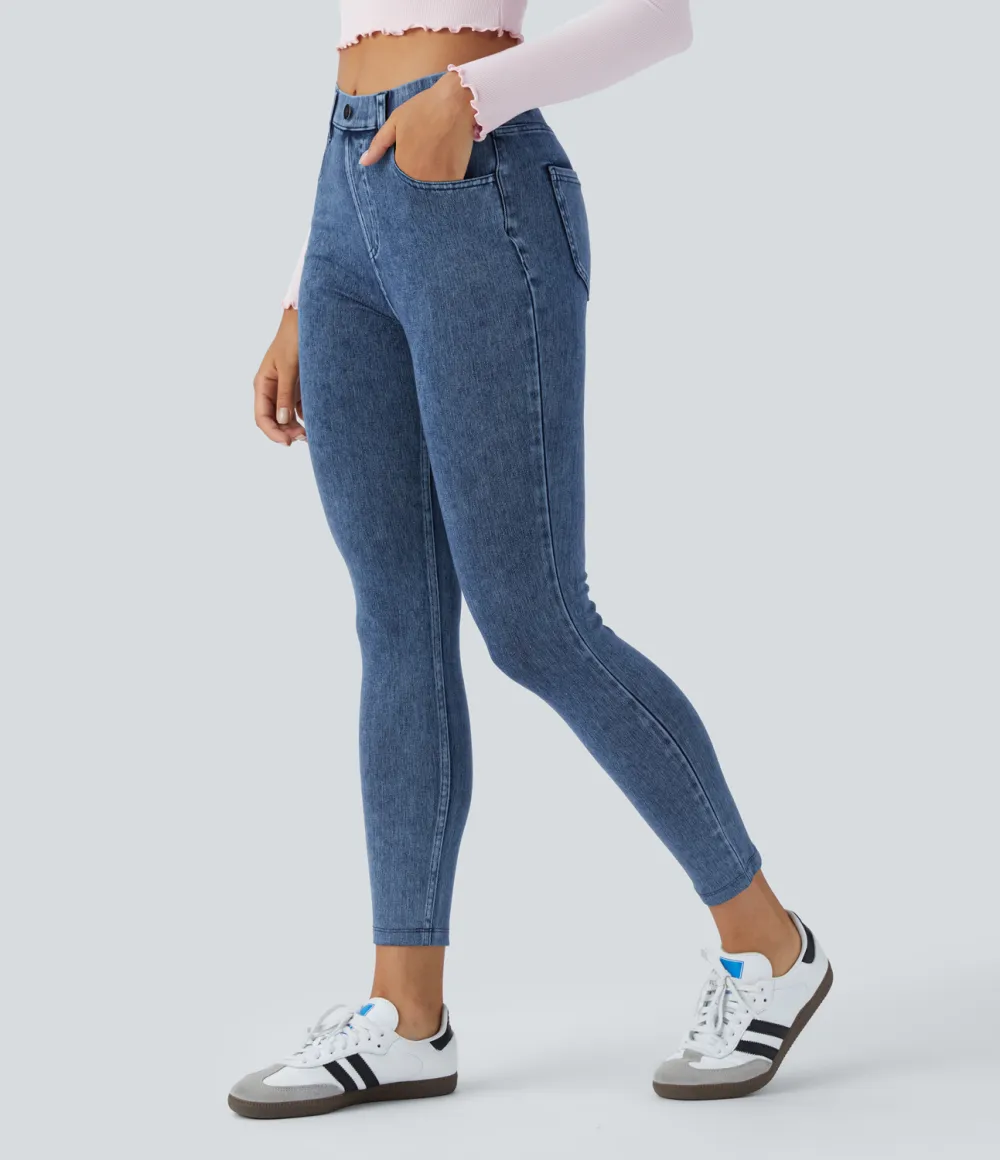 Magic High Waisted Multiple Pockets Stretchy Knit Denim Work Leggings