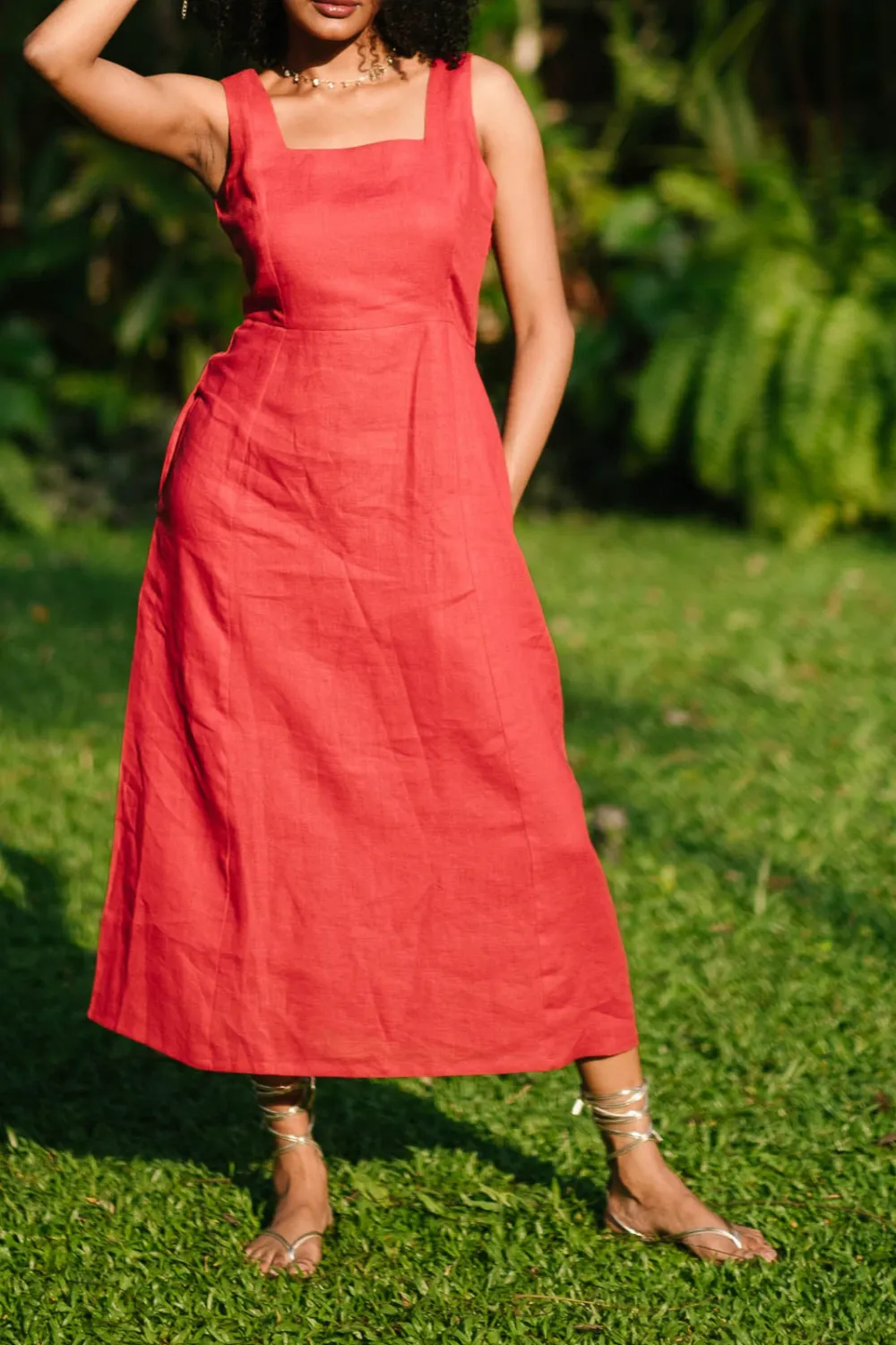 Rust Red Linen Square-Neck Midi Dress