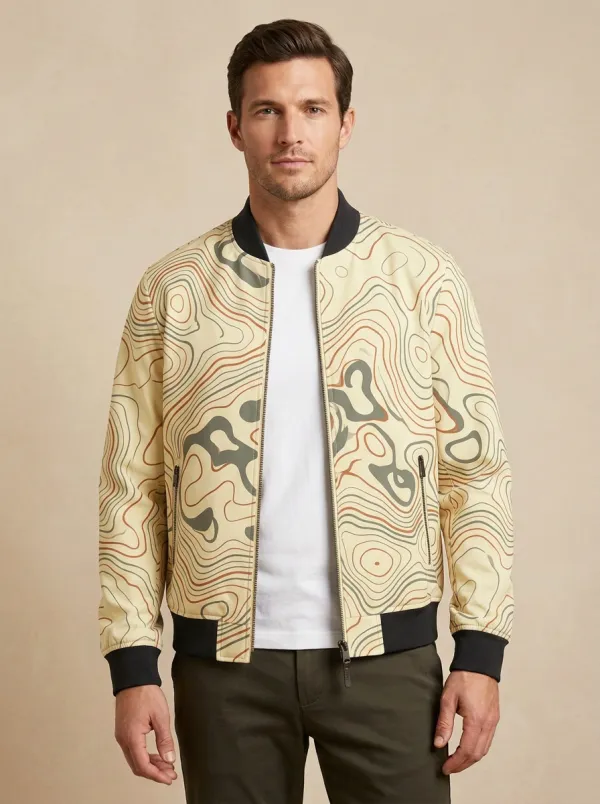 Topographic Print Ribbed Trim Sleeve Detail Bomber Jacket