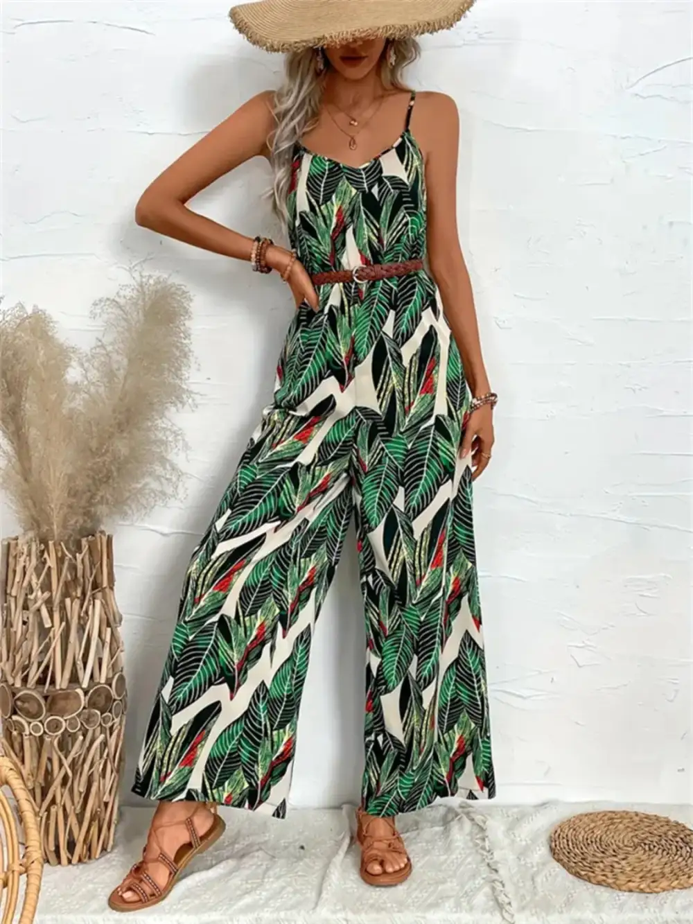 Tropical Spaghetti Strap Wide Leg Jumpsuit