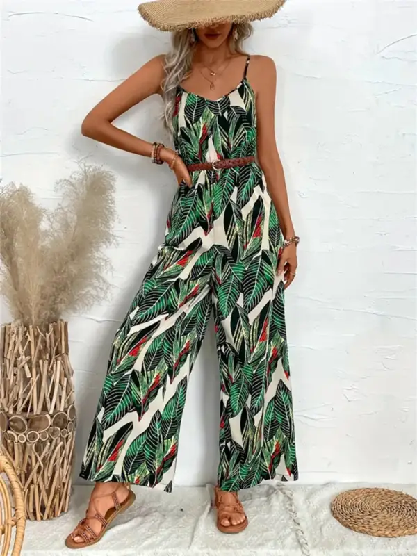 Tropical Spaghetti Strap Wide Leg Jumpsuit