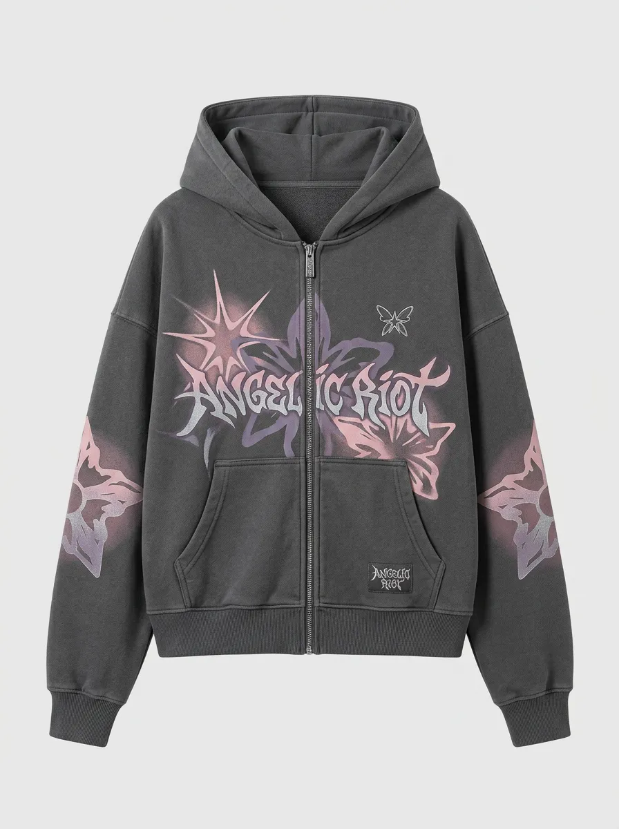 Unisex Streetwear Angelic Riot Star Butterfly Printed Zip Up Hoodie