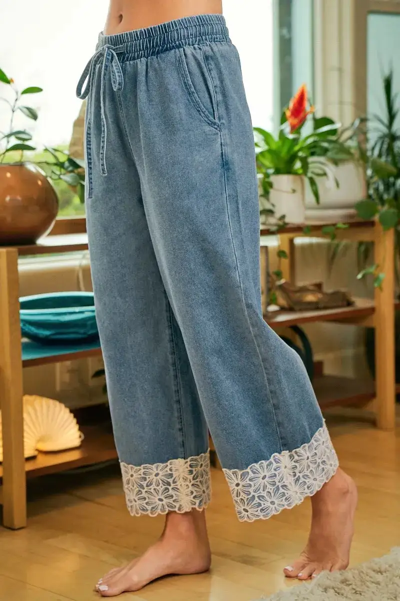 Bibi Washed Denim Waist Flower Lace Trim Pants