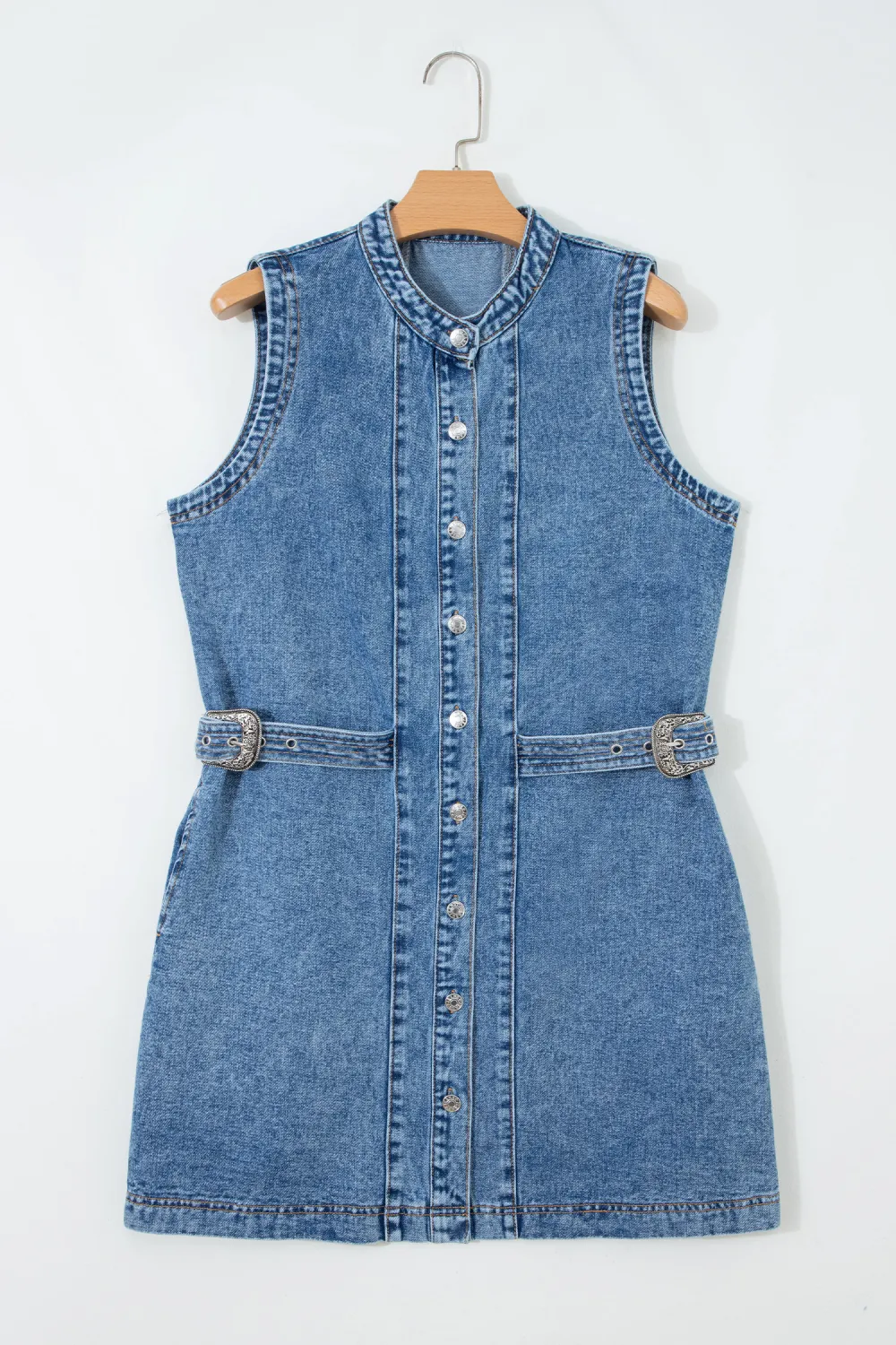 Blue Belted Sleeveless Denim Dress