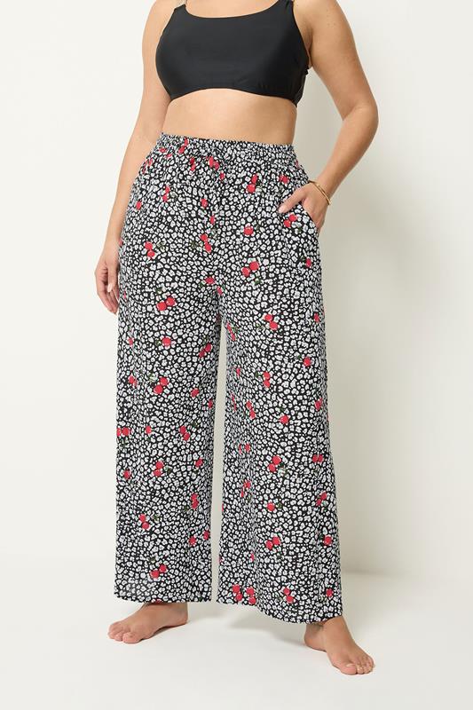 Black Leopard & Cherry Print Crinkle Beachwear Wide Leg Trousers detail 1