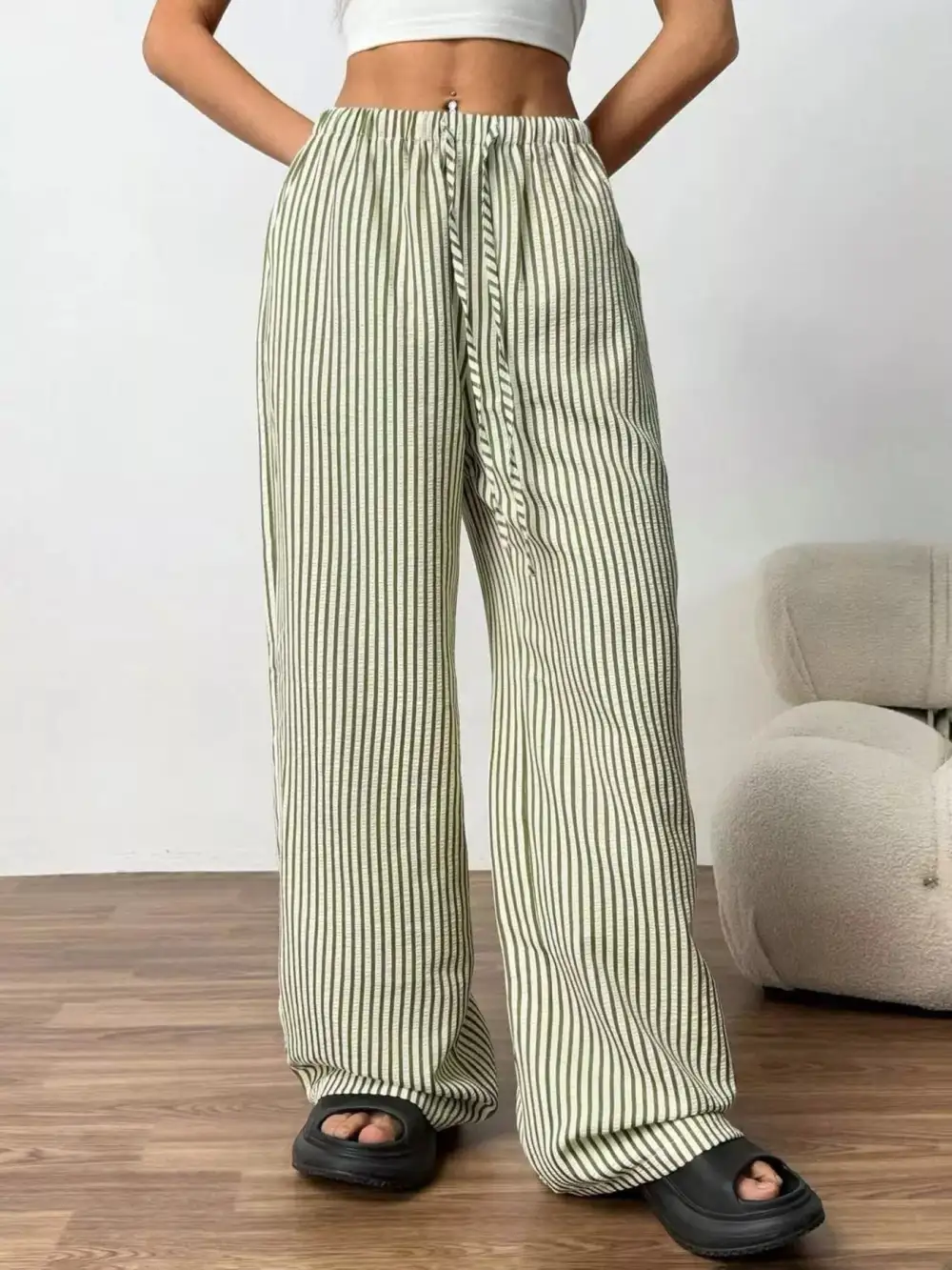 Wide Leg Drawstring Striped Pocketed Pants