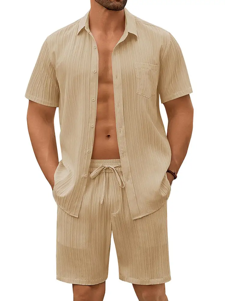 Casual Textured Shirt Shorts Vacation Set