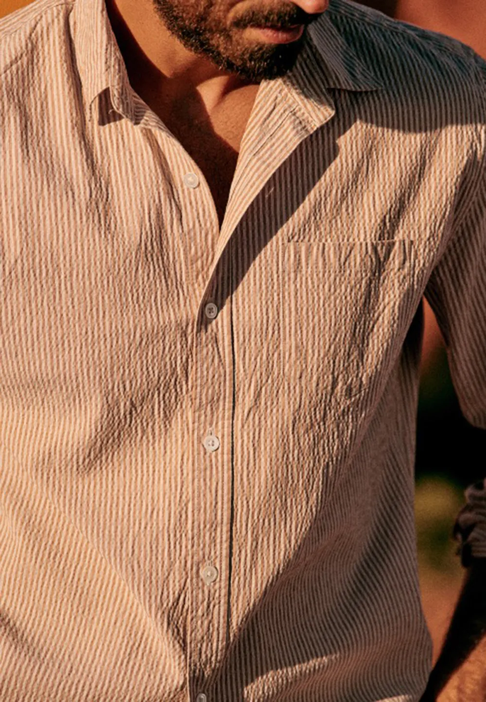 Ecru Ochre Seersucker Stripe Long Sleeve Shirt