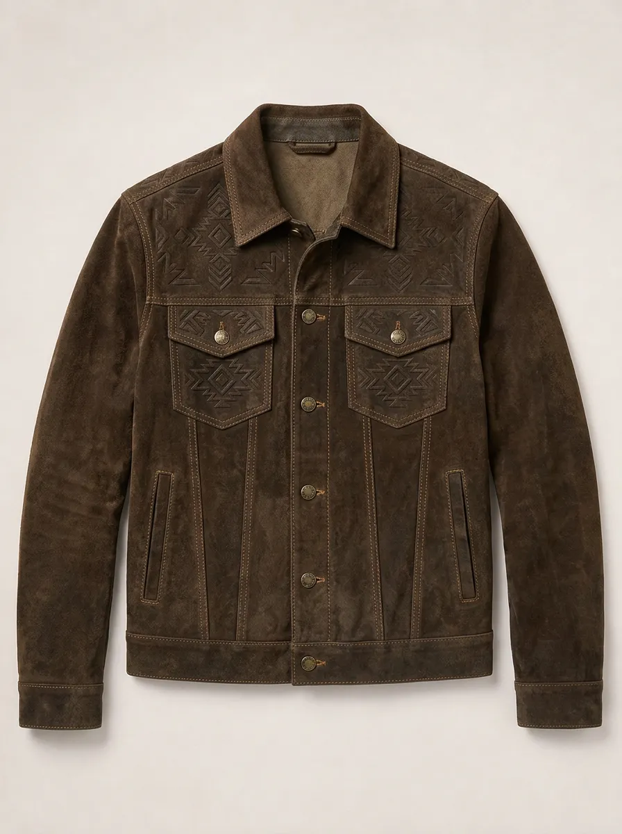Men's Western Style Aztec Embossed Suede Printed Jacket
