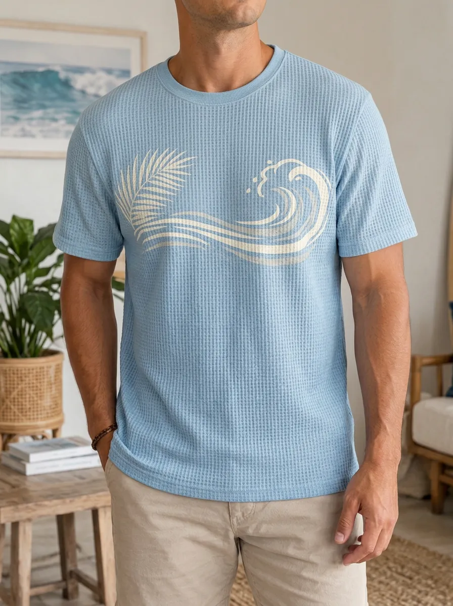 Men's Beach Surfer Palm Leaf Wave Waffle Crew Neck T-Shirt