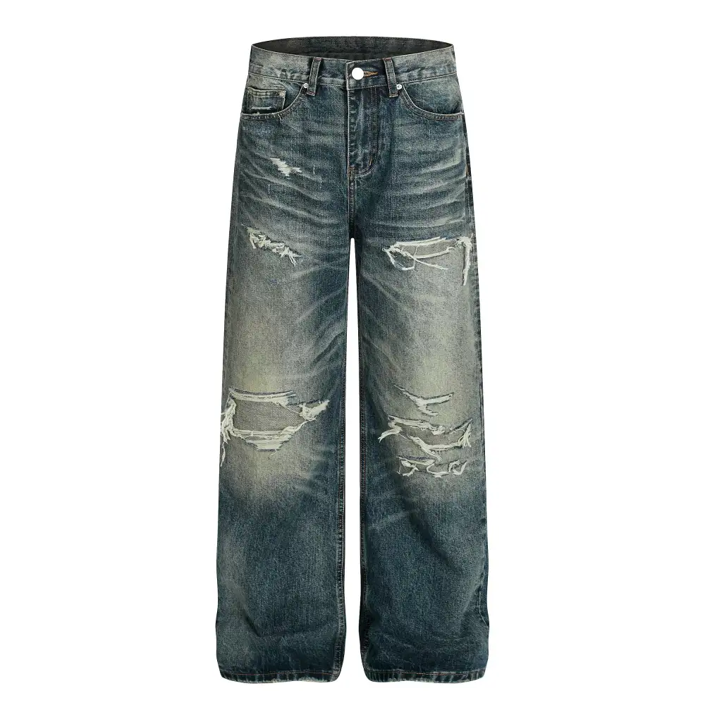 Distressed Wide-Leg Washed Jeans