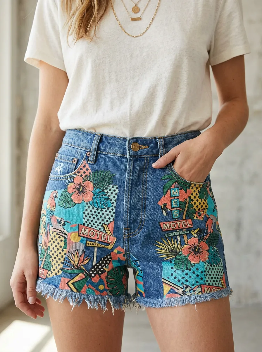 Women's Tropical Motel Parrot Printed Denim Shorts