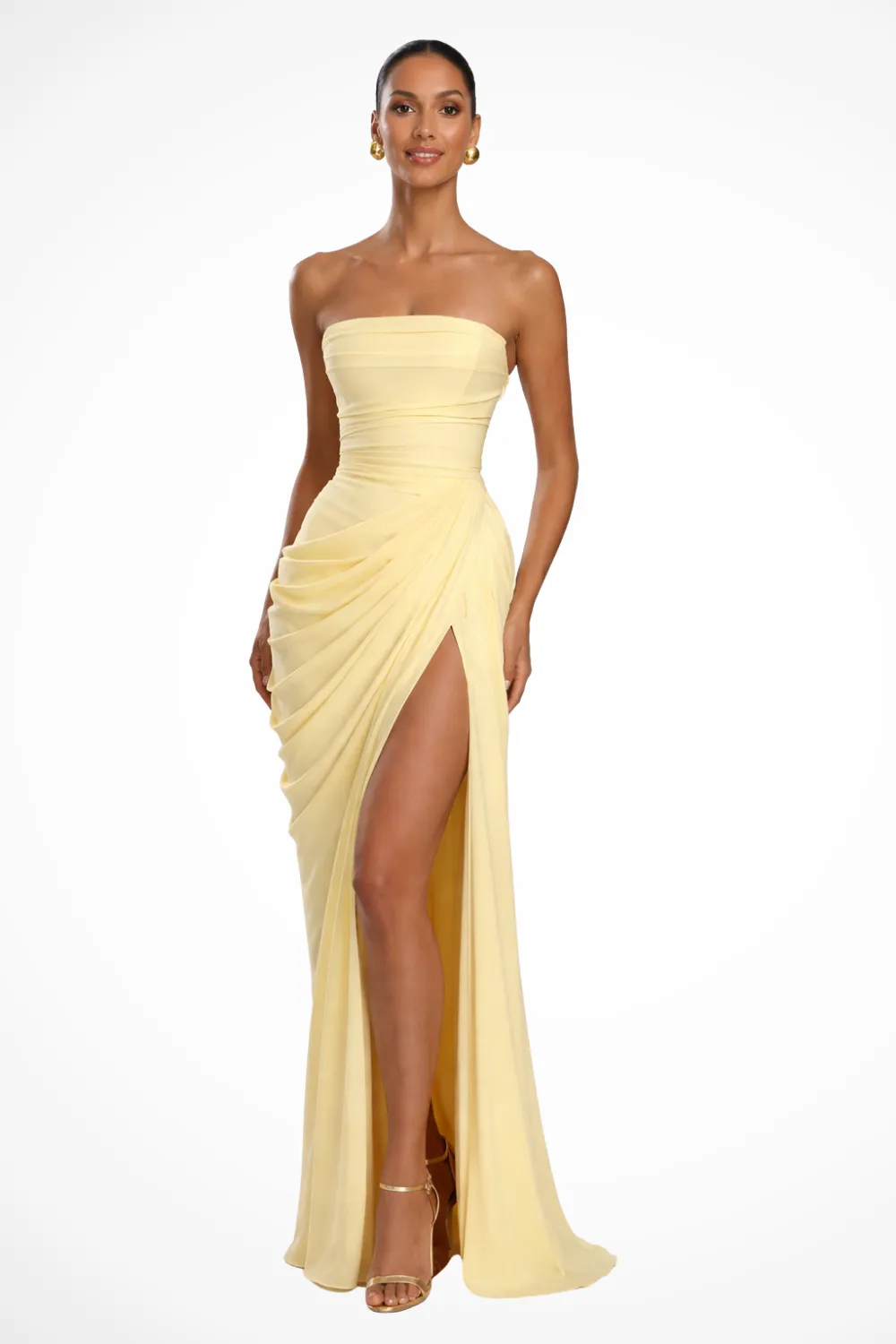  Strapless Ruched Side Slit Maxi Dress