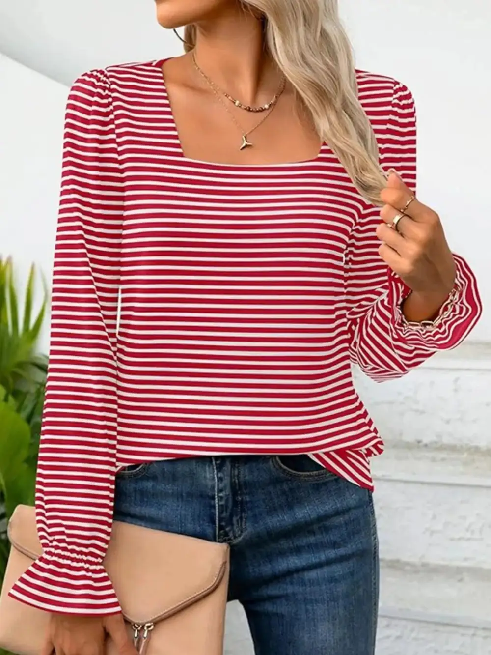 Striped Long Sleeve T-Shirt with Square Neckline
