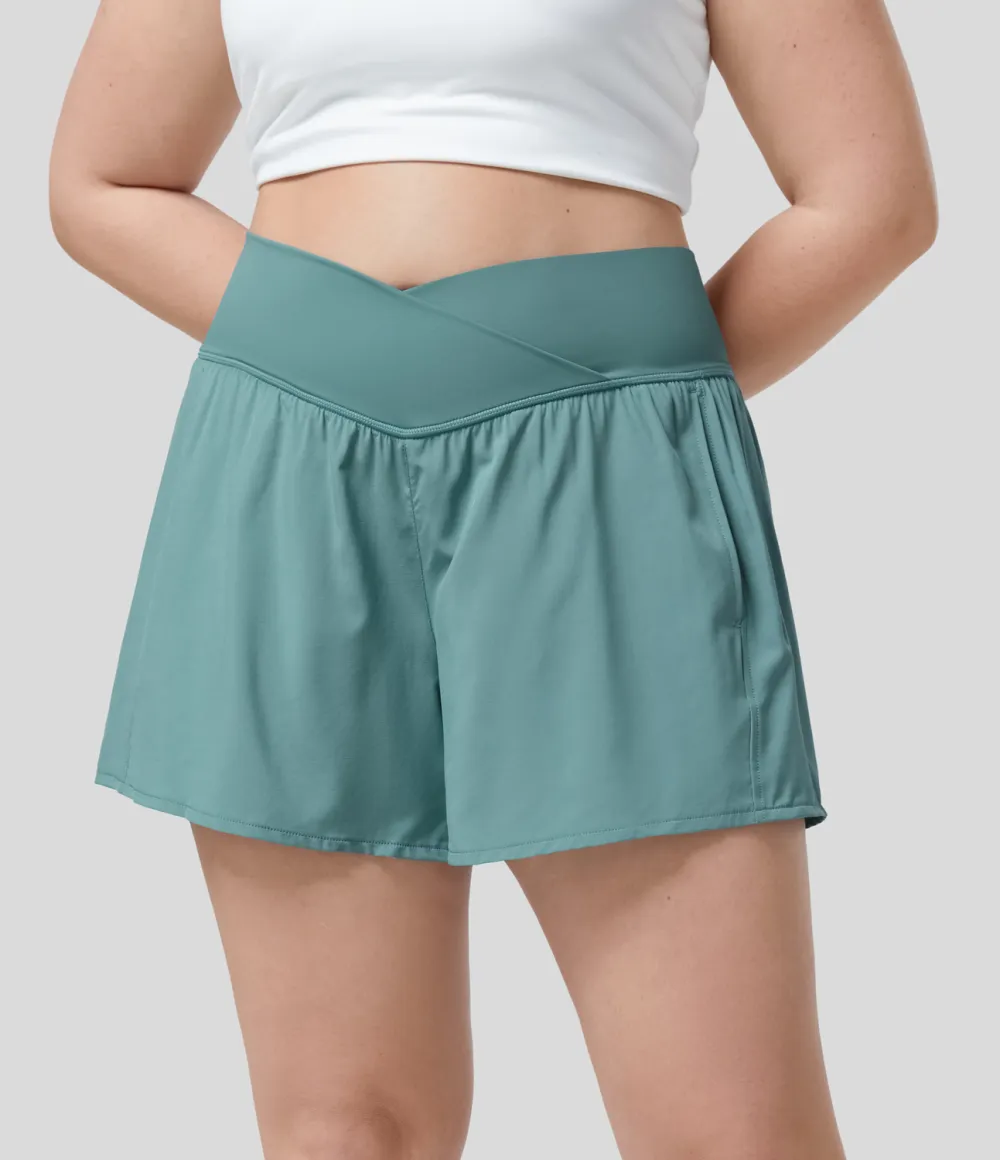 Breezeful High Waisted Crossover Side Pocket Plus Size 2-in-1 Quick Dry Yoga Shorts 4.5