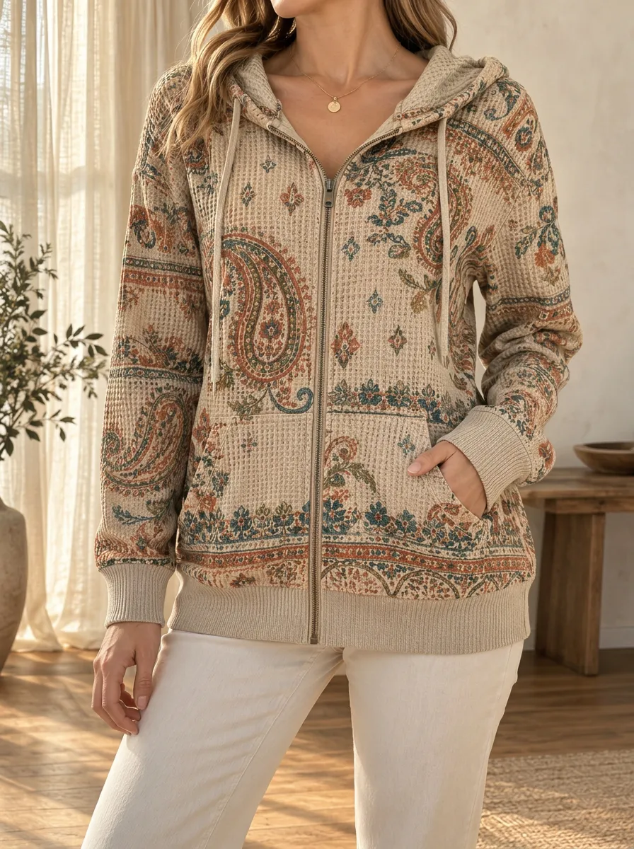 Women's Boho Paisley Signature Accent Waffle Zip-Up Hoodie