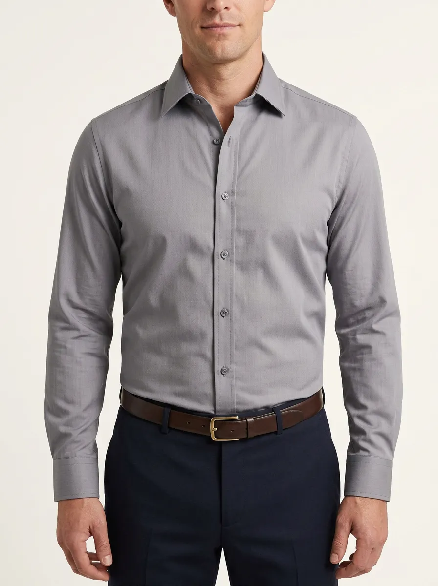 Men's Business Professional Solid Grey Long Sleeve Dress Shirt