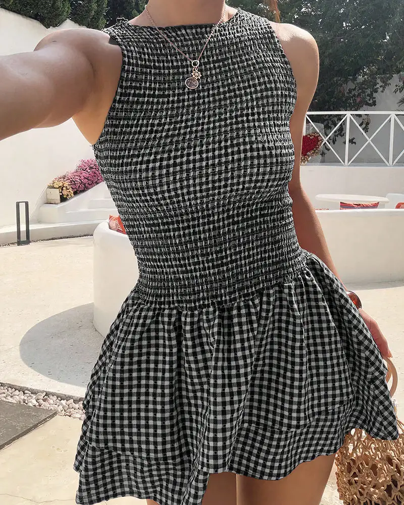 Smocked Gingham Sleeveless Ruffle Mini Dress