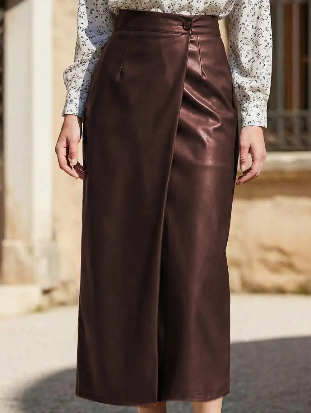 Leather Look Slit Midi Skirt