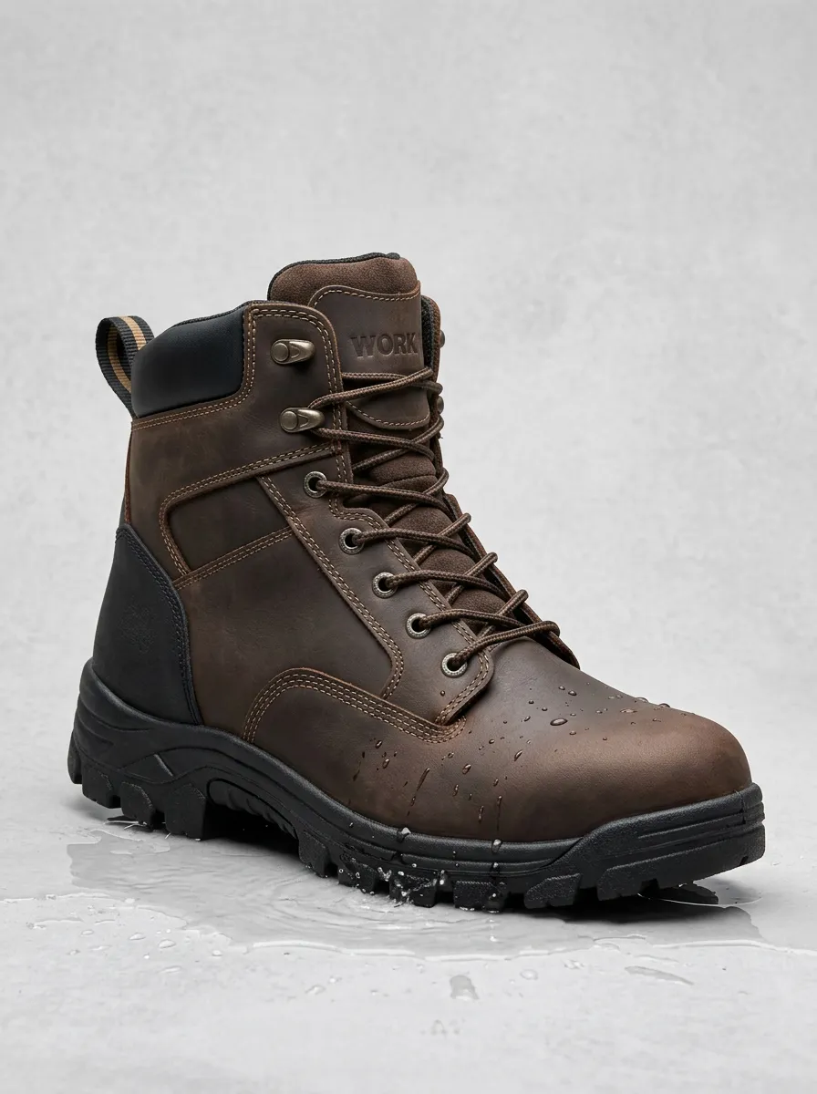 Men's Waterproof Brown Leather Outdoor Printed Work Boots