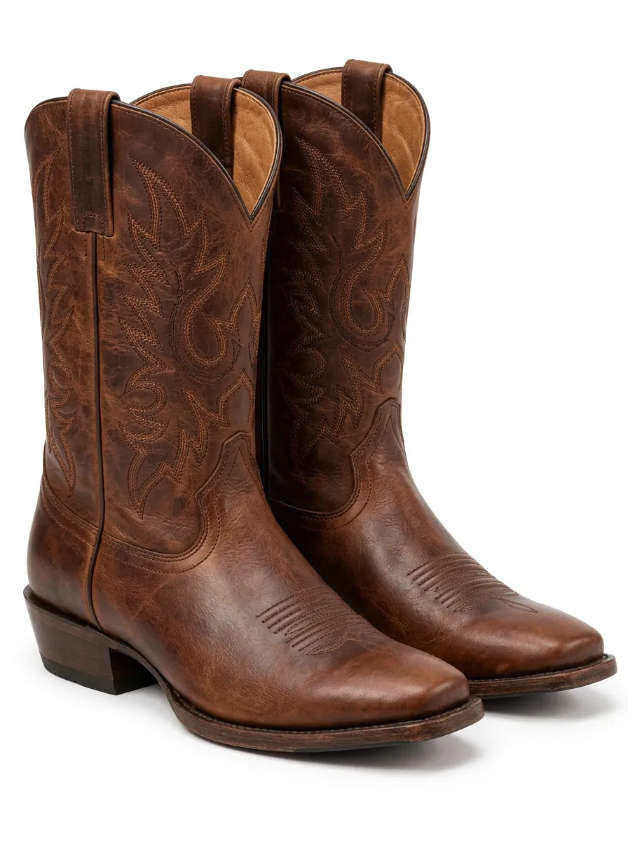 Men's Brown Printed Leather Western Boots with Embroidery