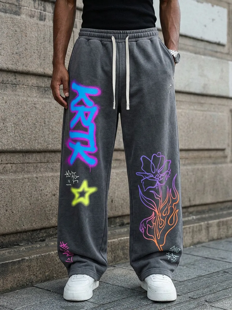 Men's Streetwear Graffiti Star Flower Printed Sweatpants