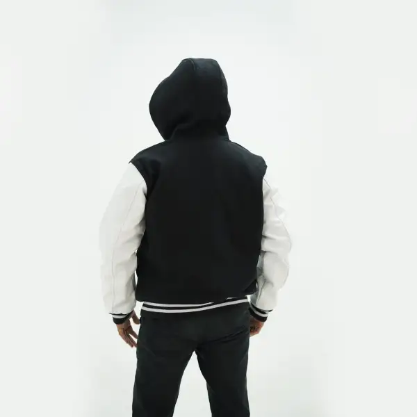 Wool Hooded Leather Sleeve Letterman Jacket