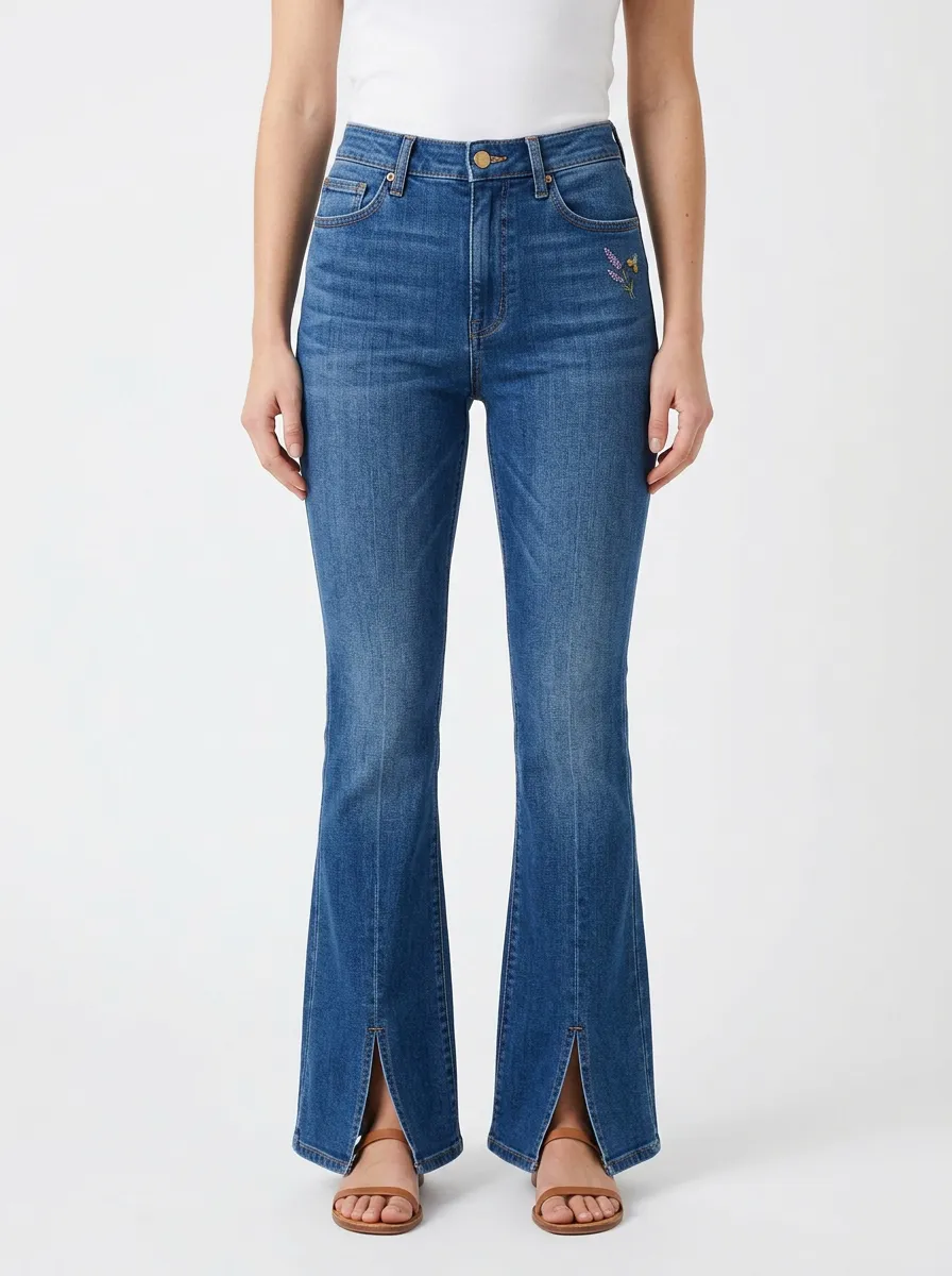 Women's Floral Embroidered Whiskered Split-Hem Flare Jeans