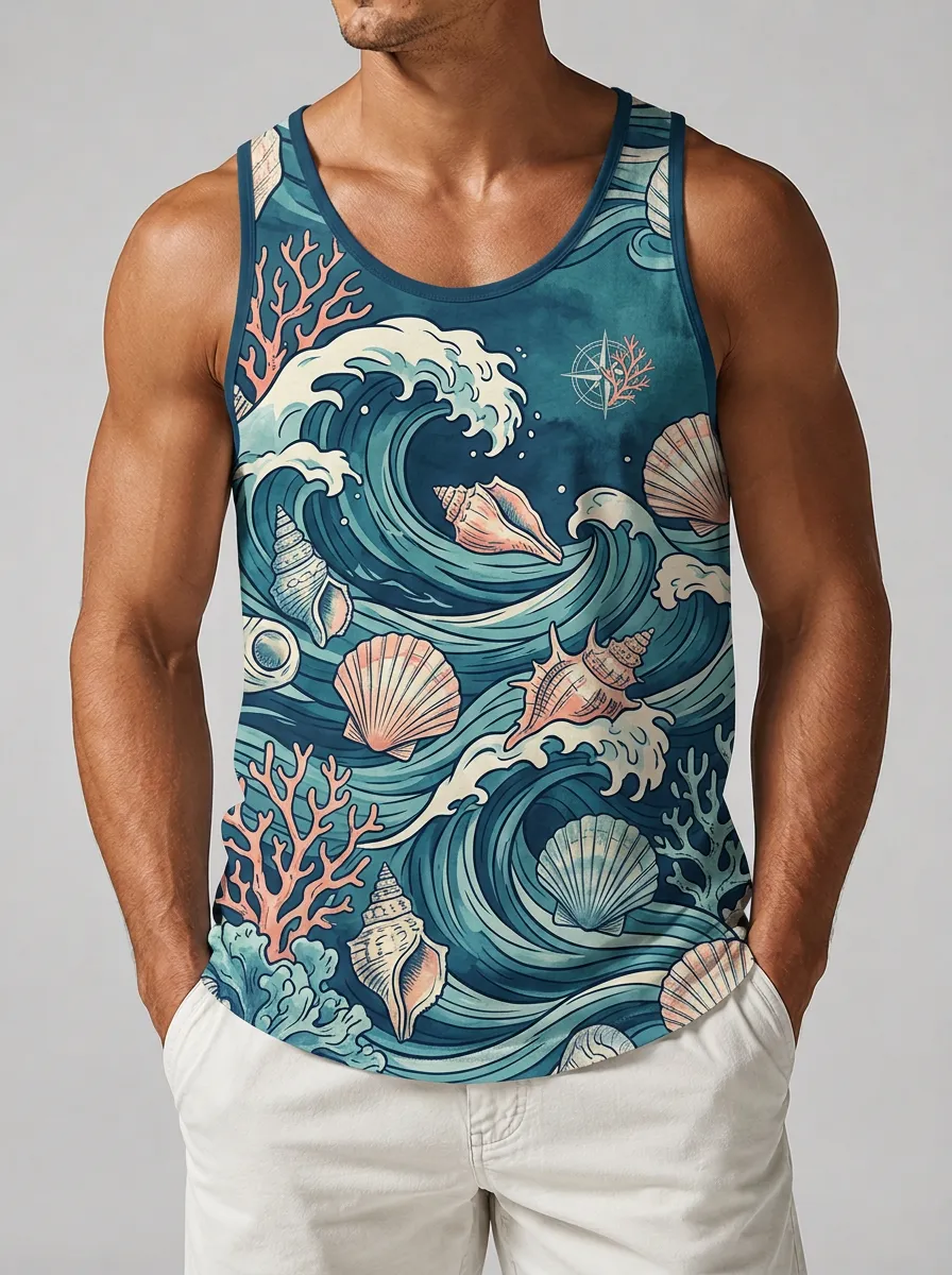 Men's Beach Lover Ocean Wave Seashell Printed Tank Top