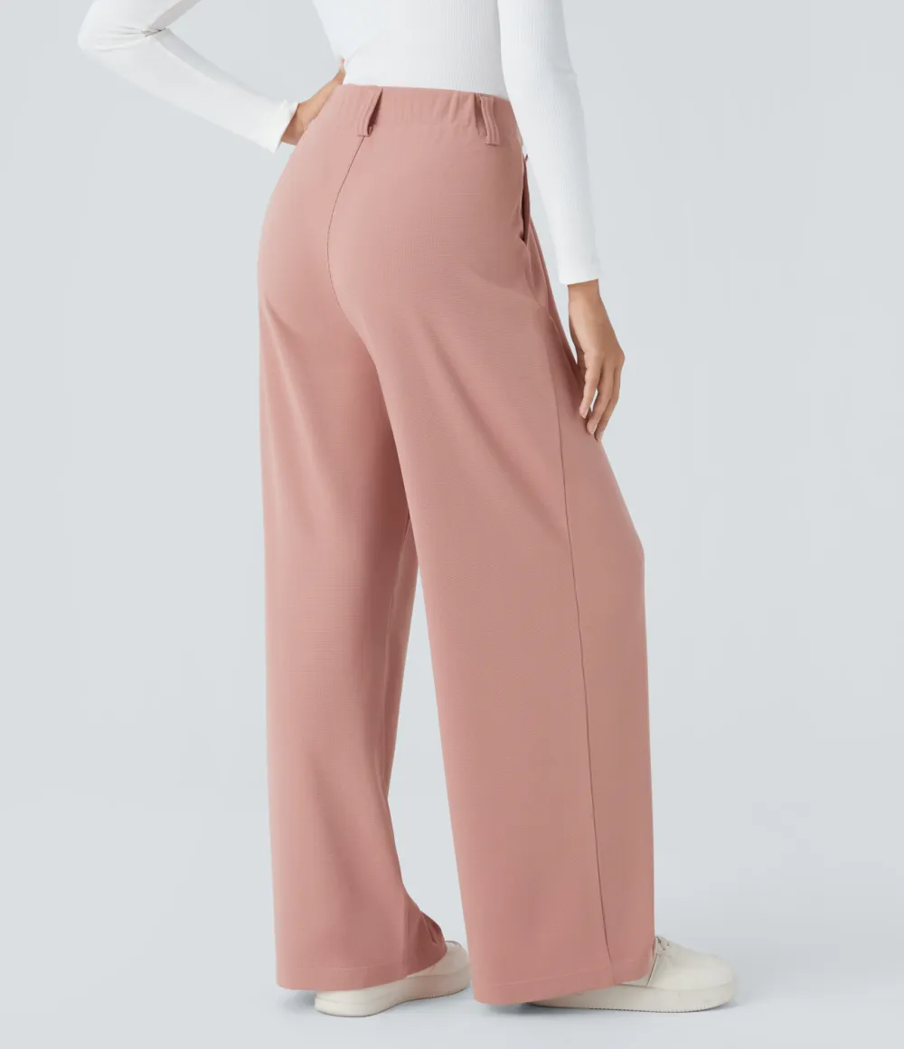  High Waisted Plicated Side Pocket Wide Leg Waffle Work Pants