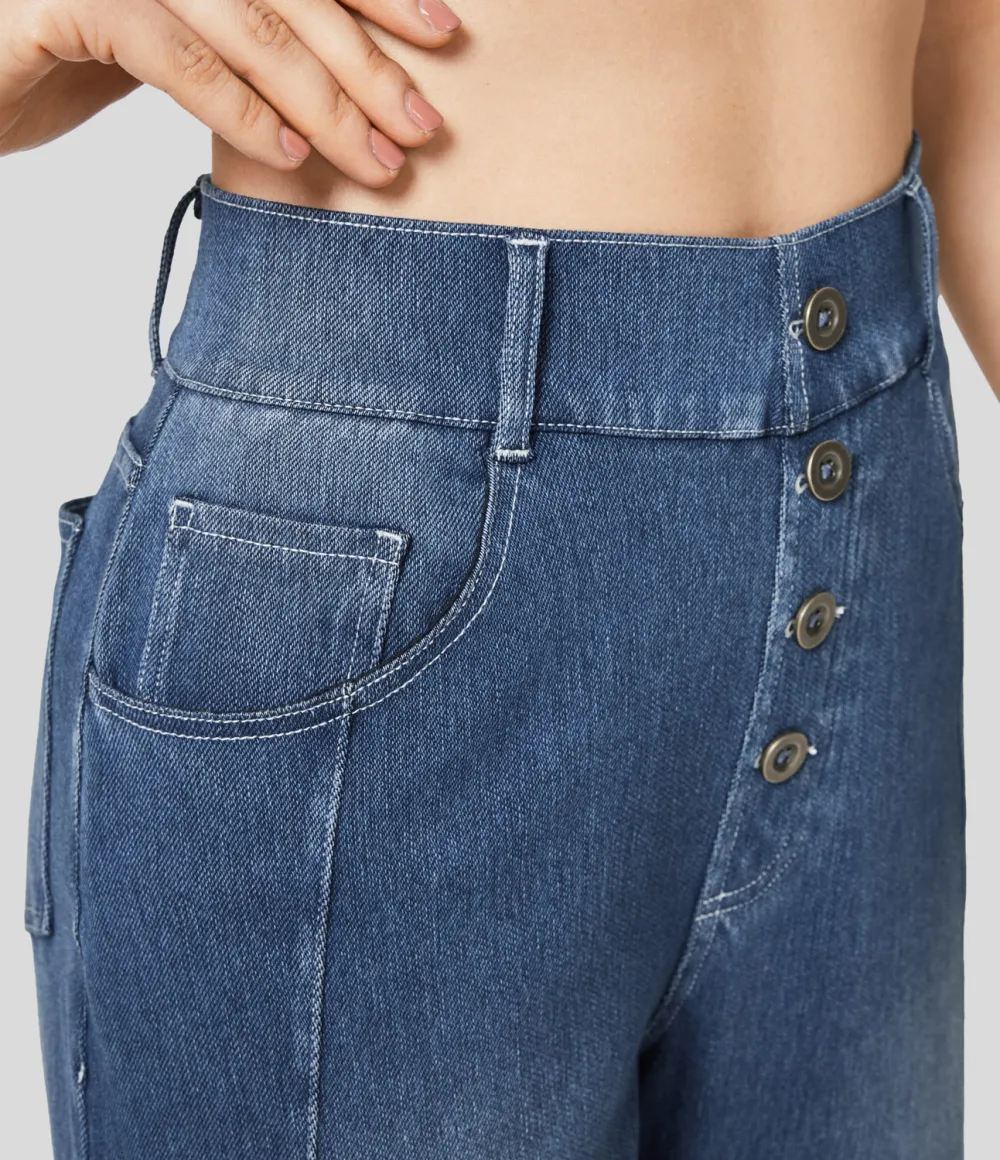Magic High Waisted Decorative Button Multiple Pockets Straight Leg Stretchy Knit Casual Boyfriend Jeans