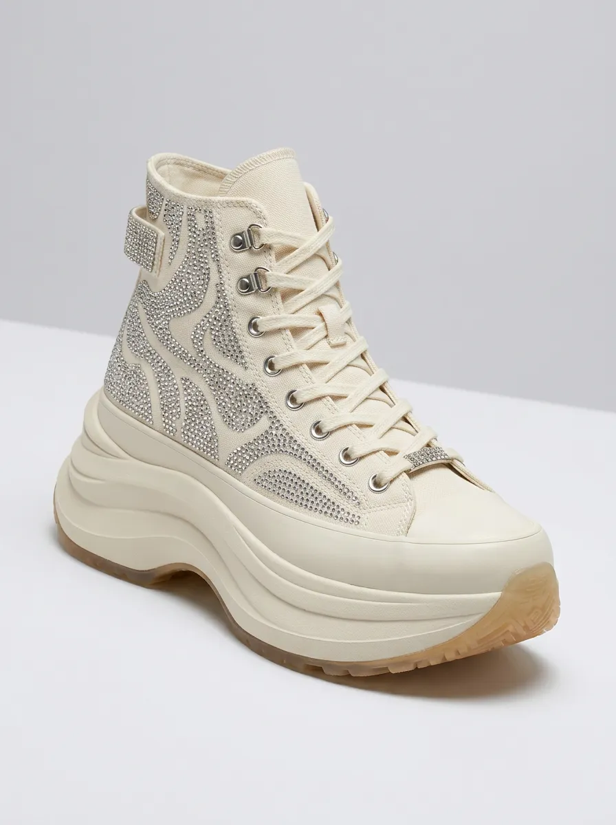 Modern Lace-Detail Lace-Up Women's Rhinestone Platform Shoes