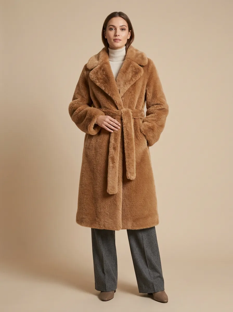 Toned Belted Faux Fur Coat