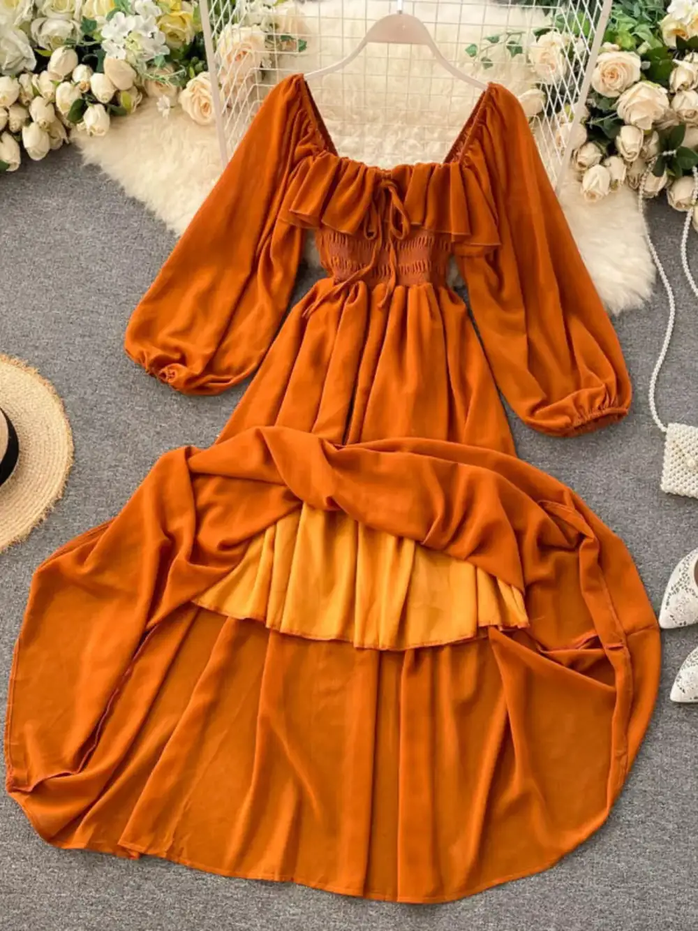 Square Neck Ruffle Dress Casual