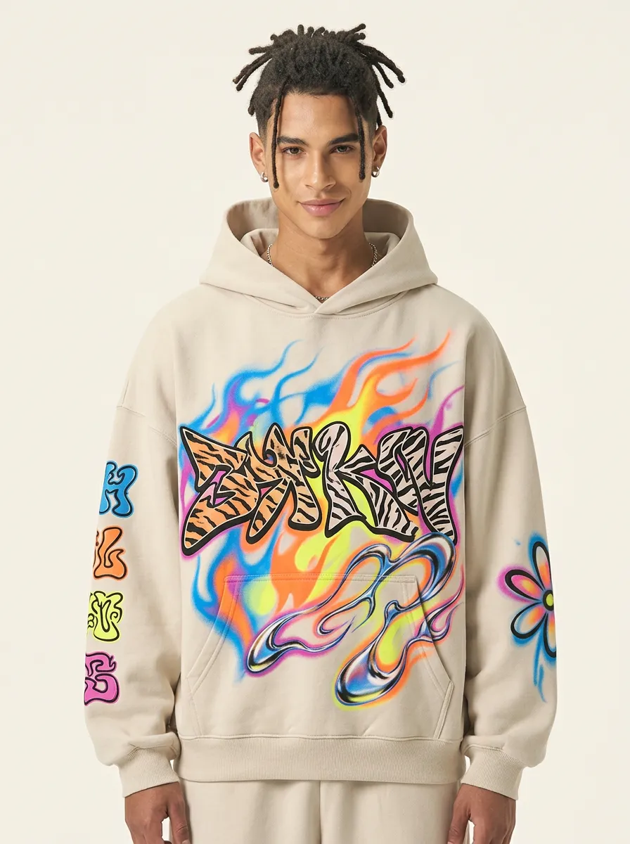 Unisex Graffiti Tiger Print Airbrush Flame Graphic Hoodie