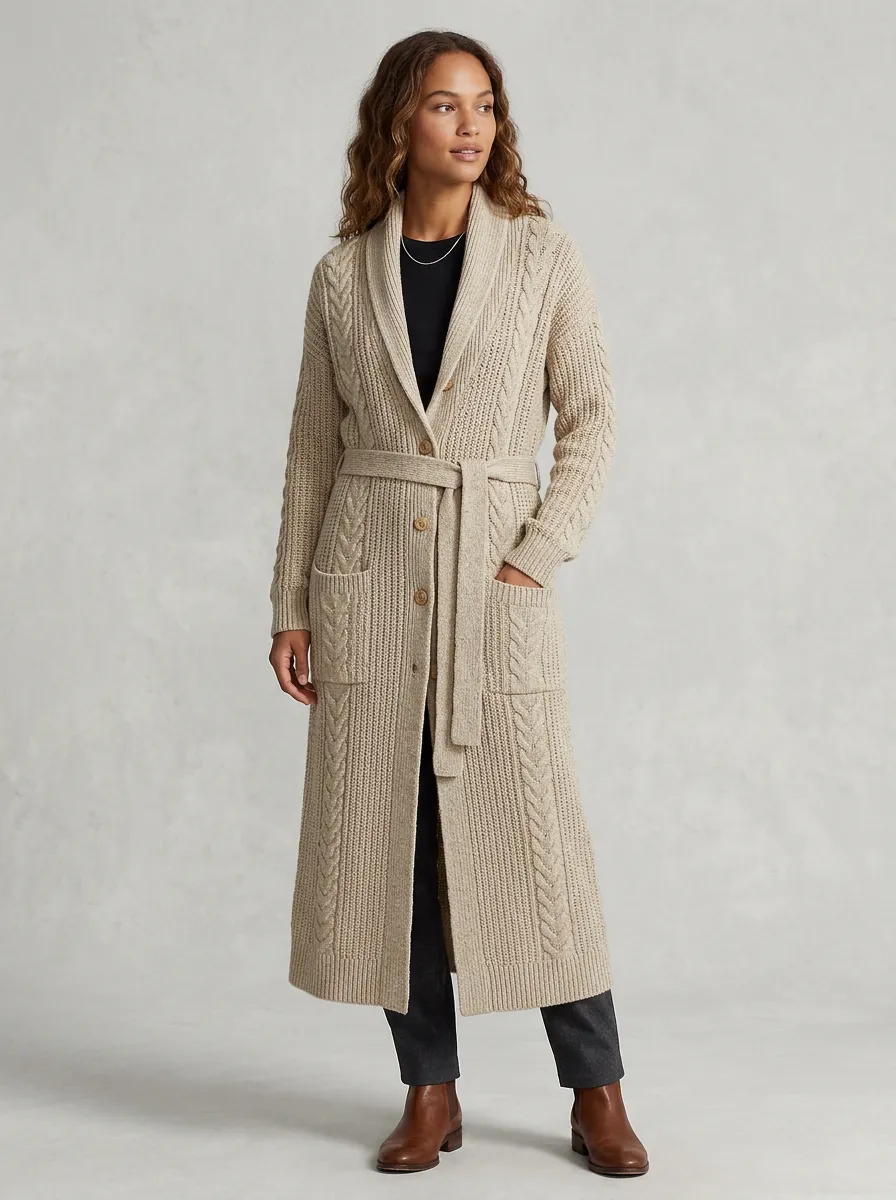 Women's Classic Cable Knit Belted Knit Cardigan